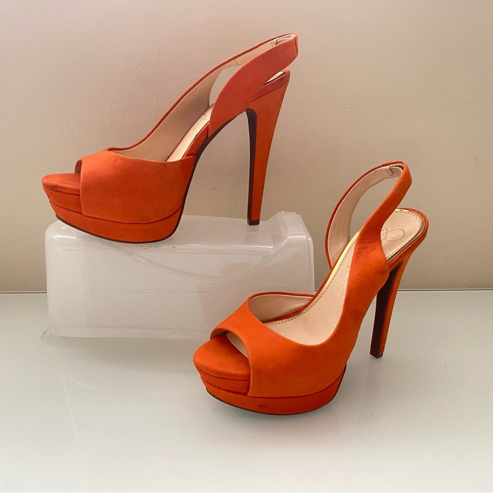 Jessica Simpson Chic Orange Peep-Toe  Party Dress Platform Heels  Size 6M